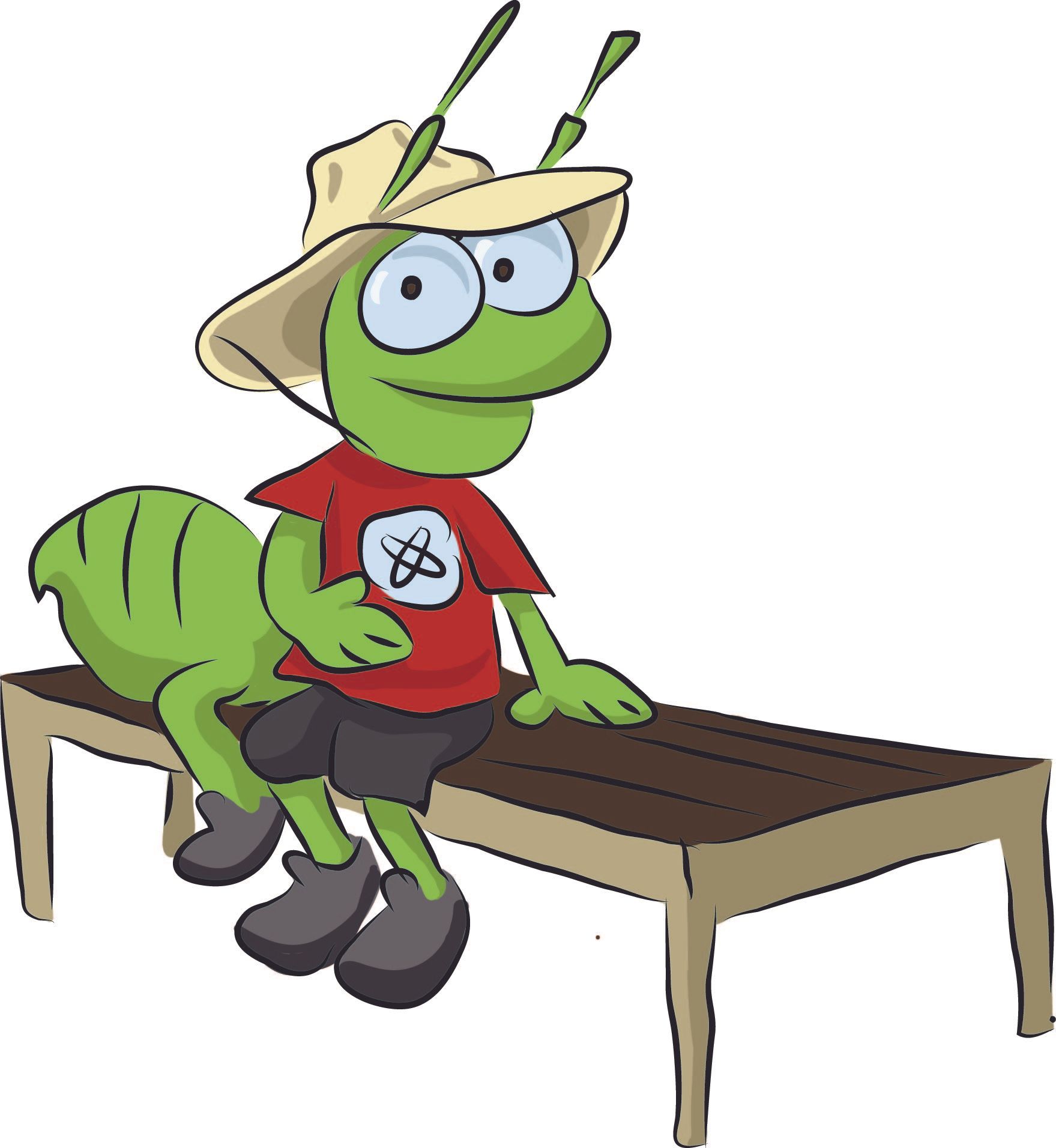 A cartoon ant wearing a hat is sitting on a bench