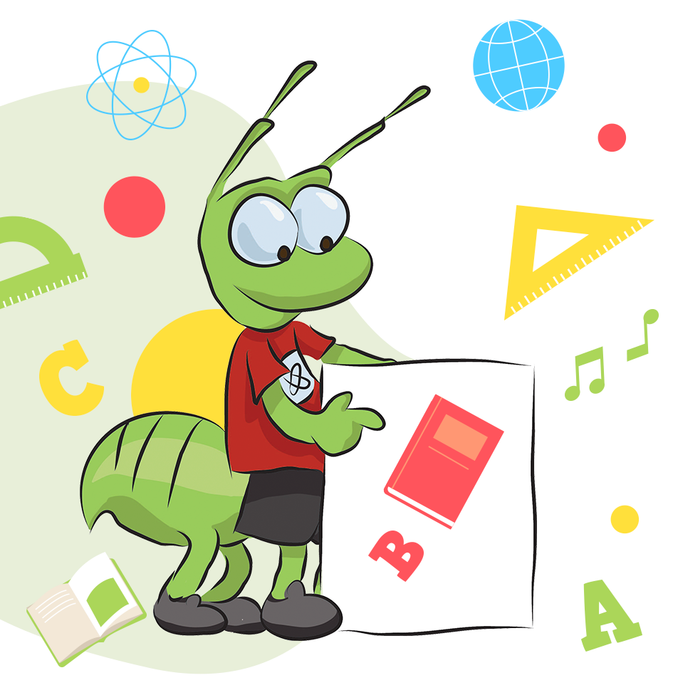 A cartoon ant is holding a piece of paper with the letter b on it