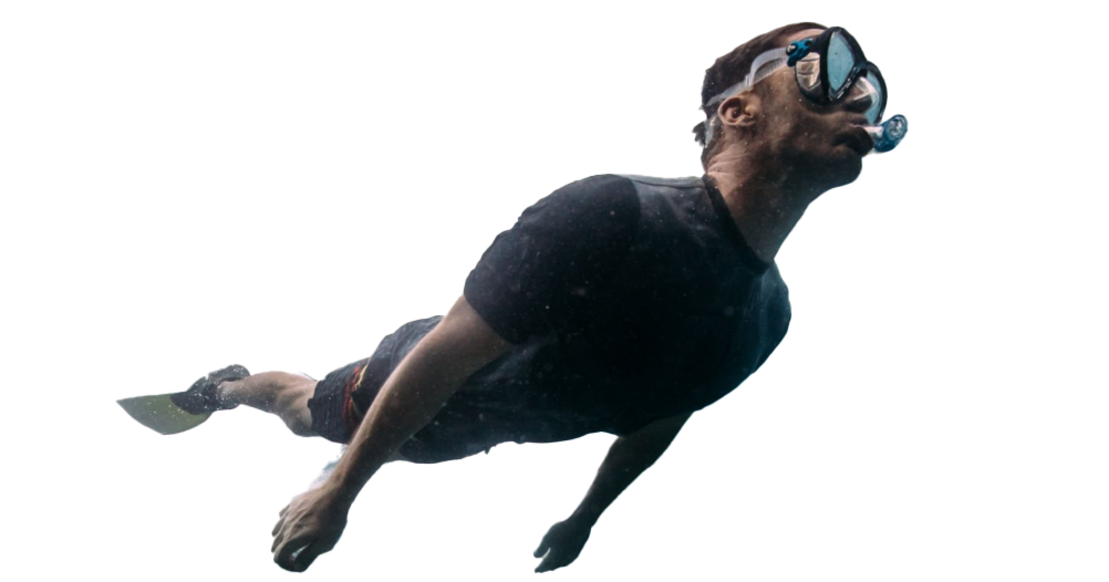 A man is swimming underwater wearing a mask and flippers.