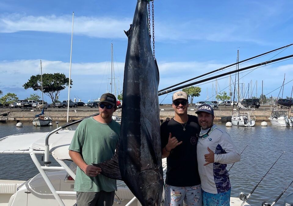 Three men are standing next to a large fish on a boat.