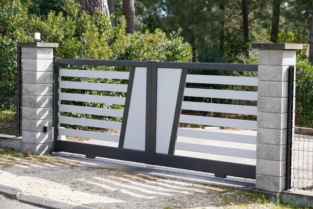 Sliding Gate, Gray and White With Diagonal Accents — Metal Fencing Supplies In Taree, NSW