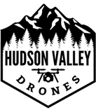 The logo for hudson valley drones has a mountain and trees on it.