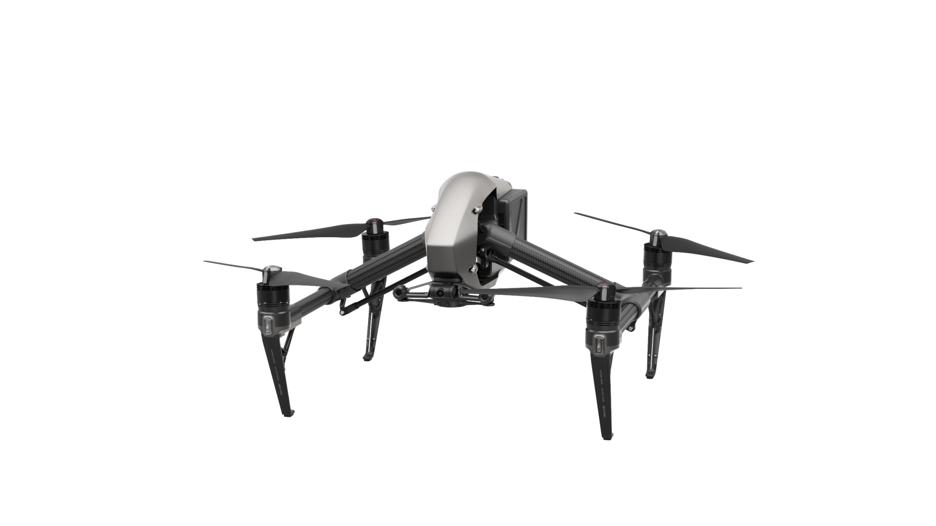 A drone is flying in the air on a white background.