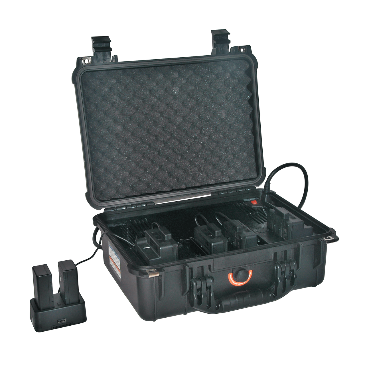 Black case with a charger attached, designed for portable charging convenience.