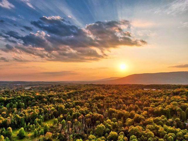 An aerial view of a forest at sunset with the sun shining through the clouds.