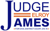 Logo for Judge James Elroy, blue and orange text on white, for Civil District Court.