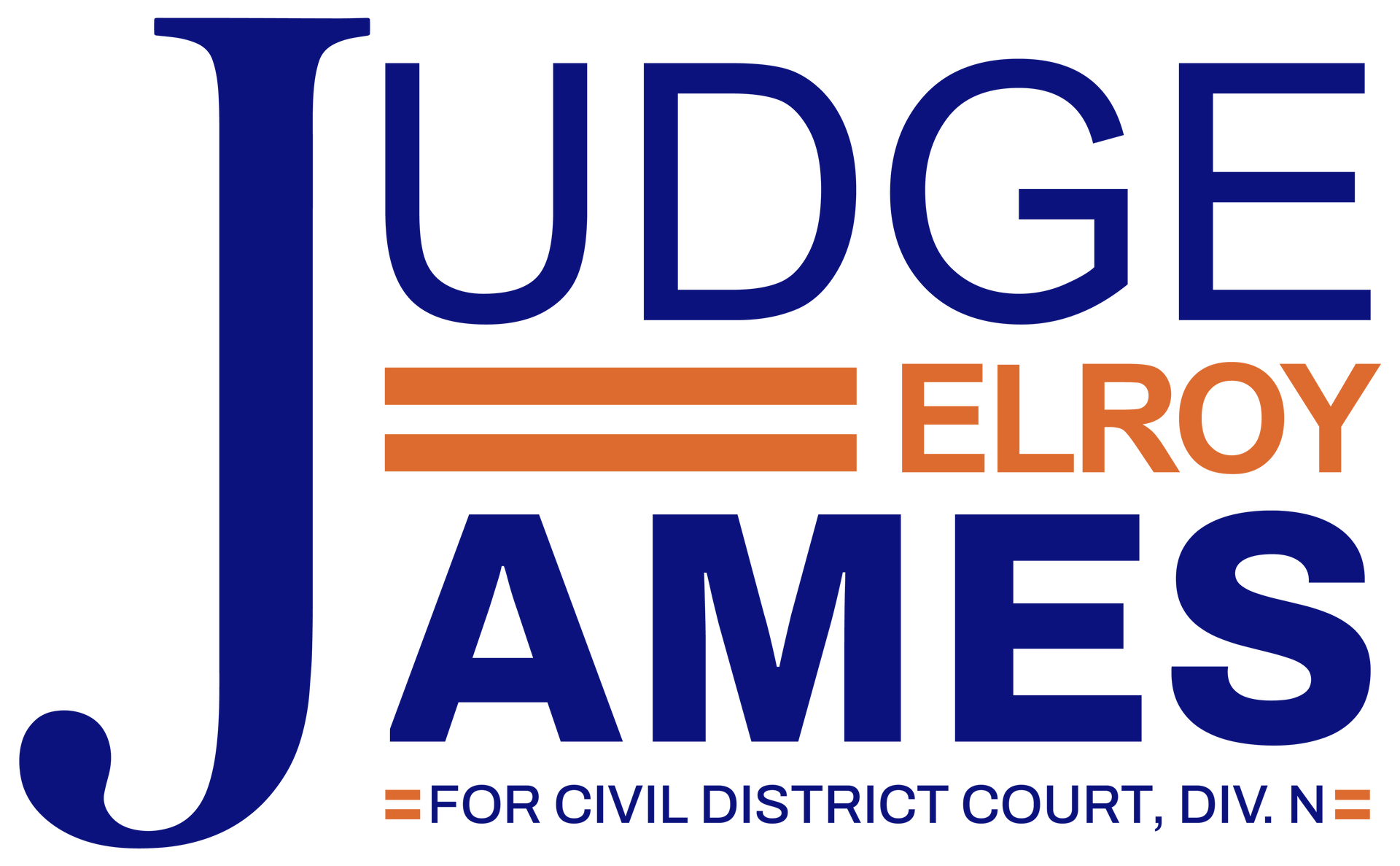 Logo for Judge James Elroy, blue and orange text on white, for Civil District Court.