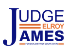 Logo for Judge James Elroy, blue and orange text on white, for Civil District Court.