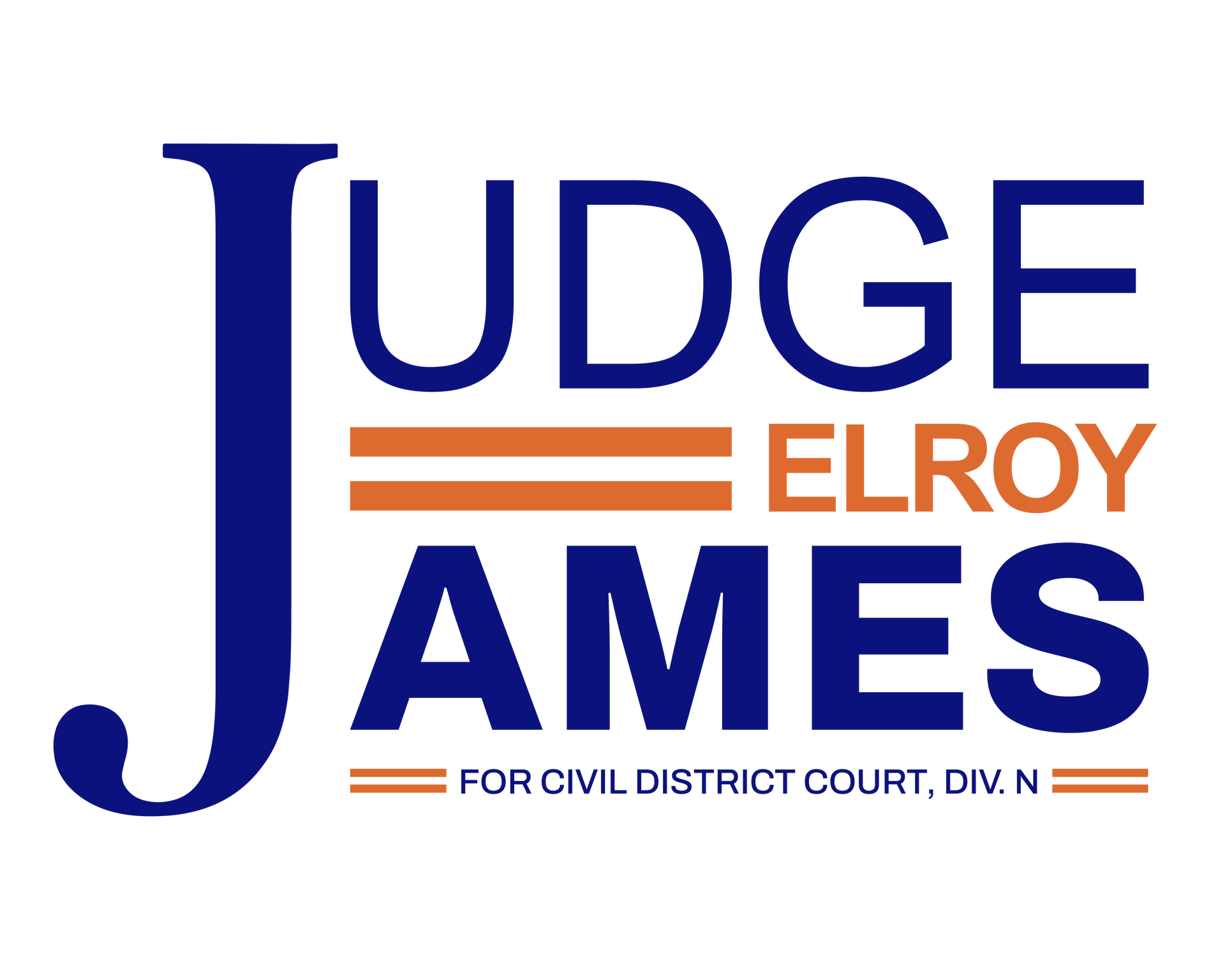Logo for Judge James Elroy, blue and orange text on white, for Civil District Court.
