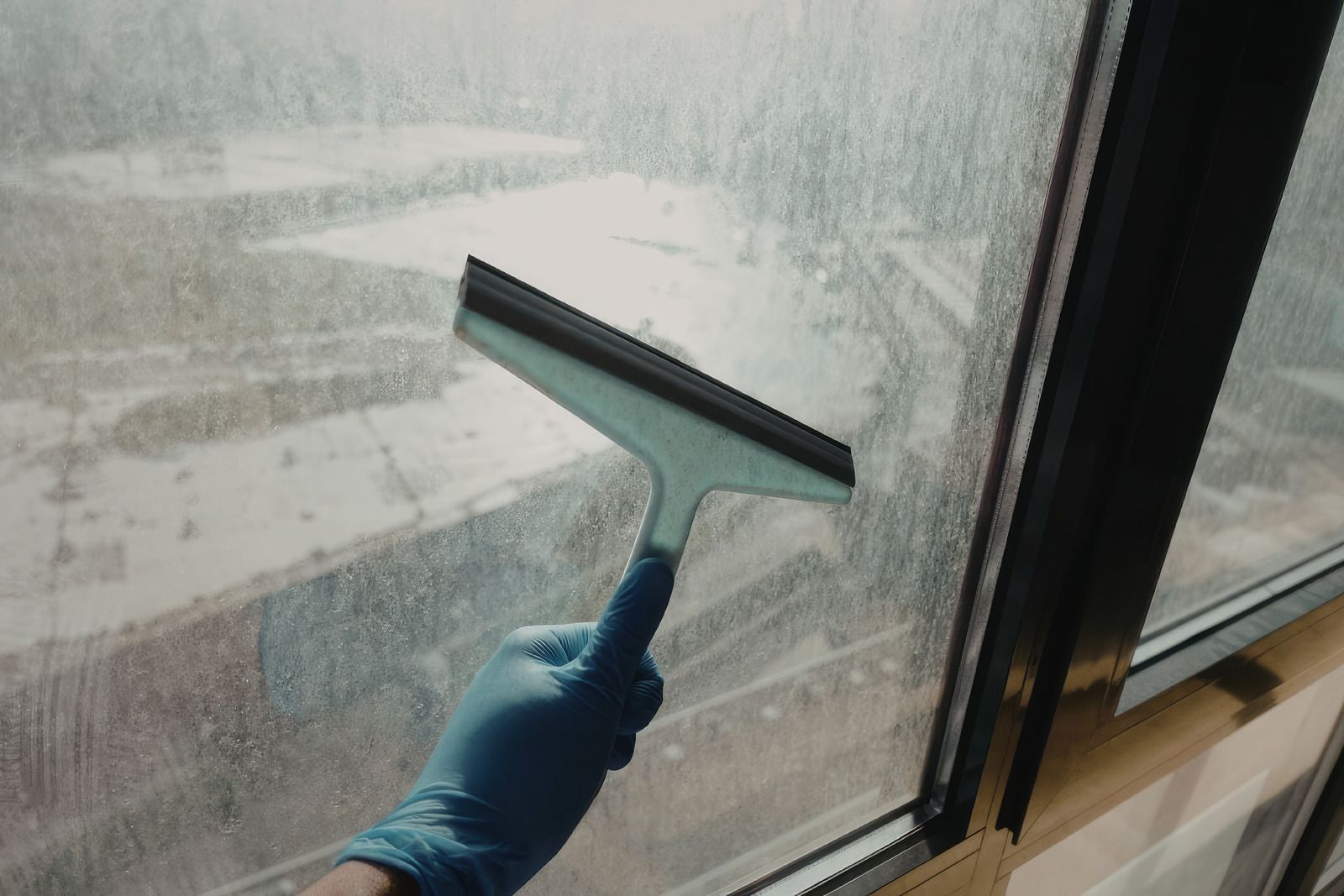 A hand wearing a blue rubber glove holds a squeegee against a window overlooking a snowy landscape.