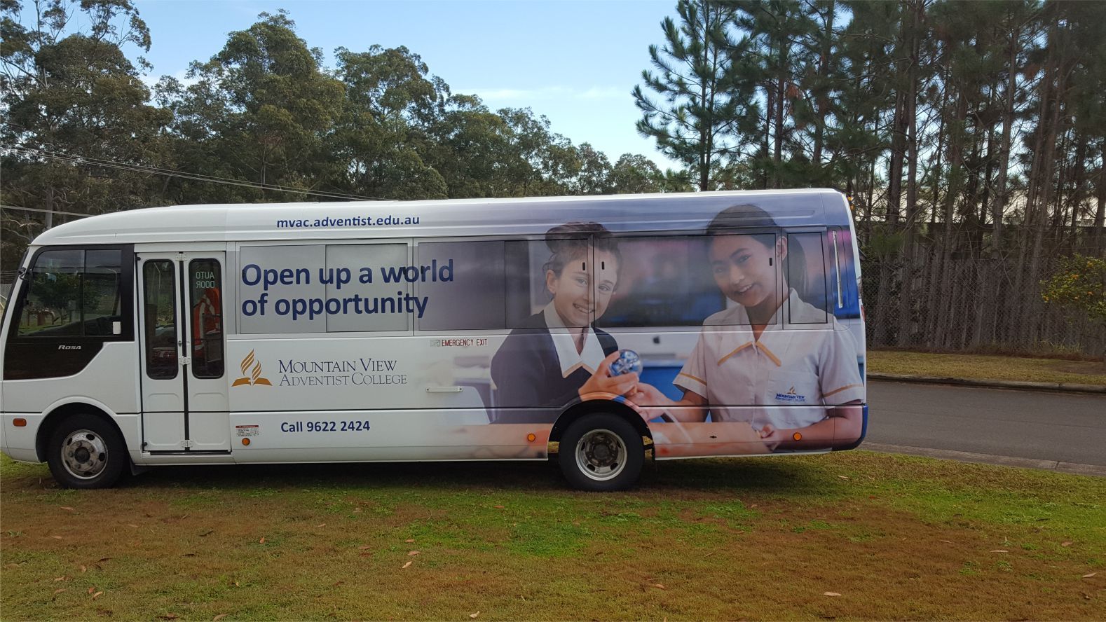 View of a bus with branding