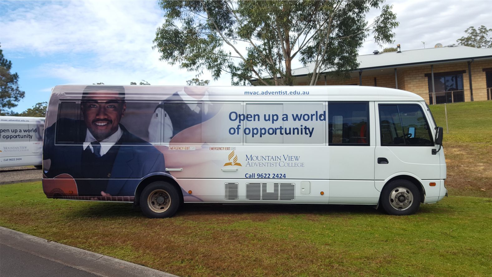 View of a bus with branding