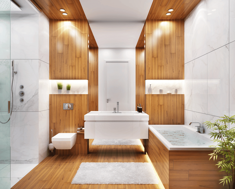 Modern bathroom renovation with jacuzzi white and wood colored finishes