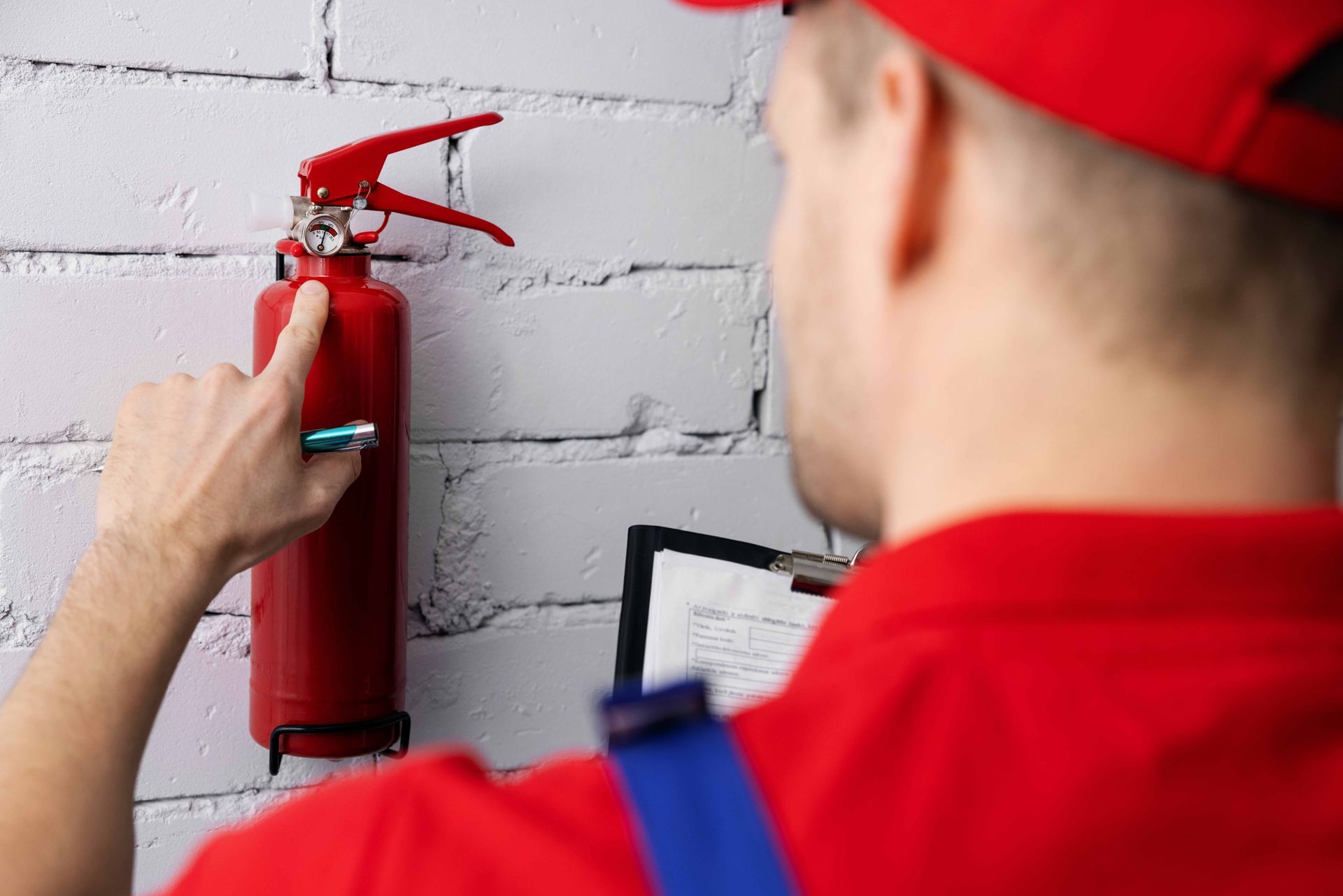 A technician inspecting a fire extinguisher as part of fire security repair systems maintenance.