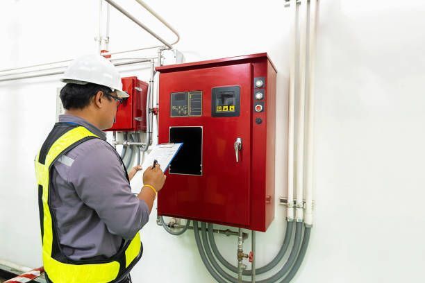A worker in safety gear inspects a red control panel with a clipboard in an industrial environment