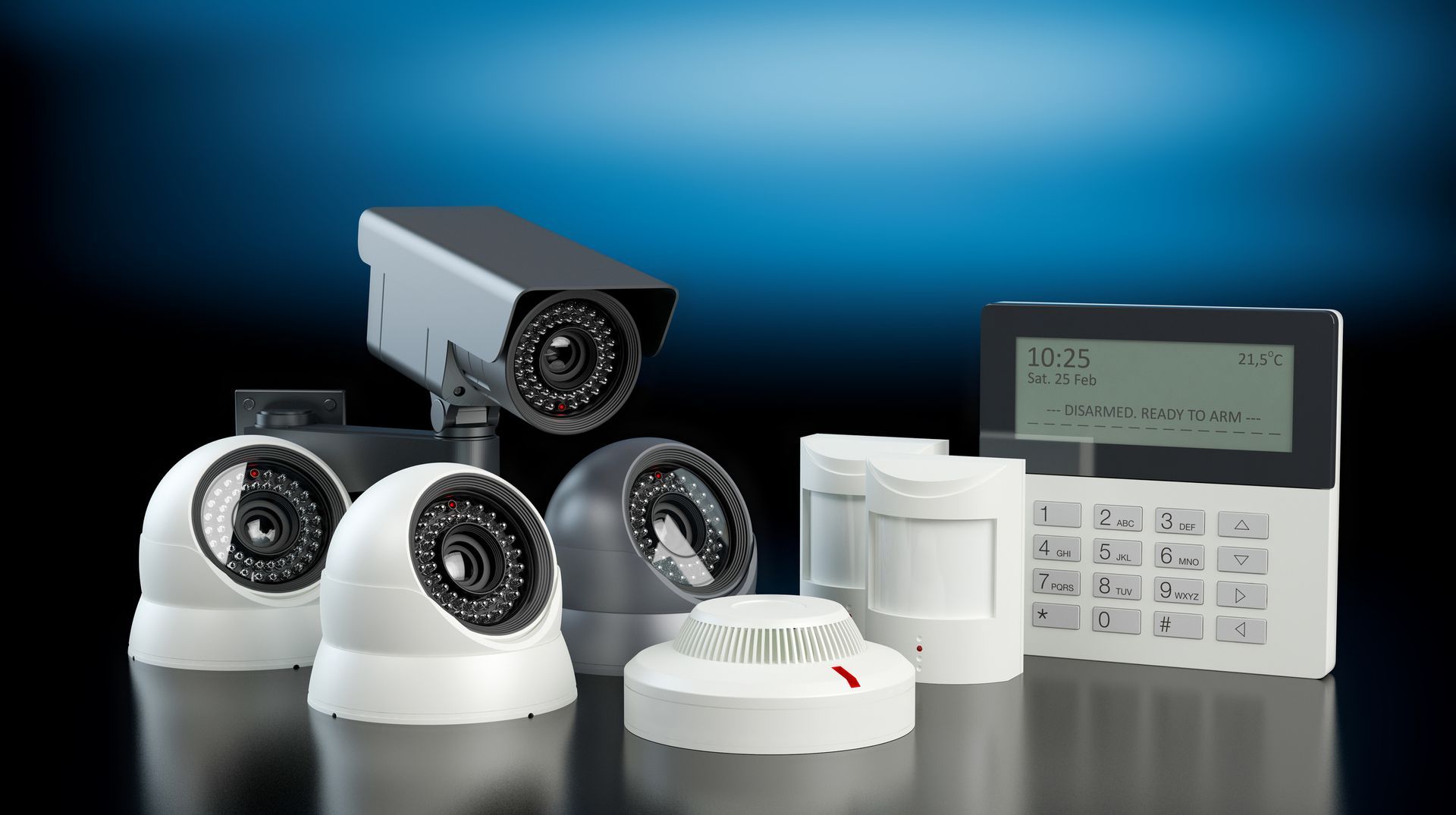 Security cameras, sensors, and alarm system parts on reflective surface with blue background.