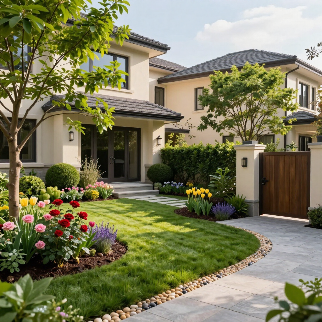 Landscaped modern home with a curved stone walkway, colorful flowers, and a wooden gate