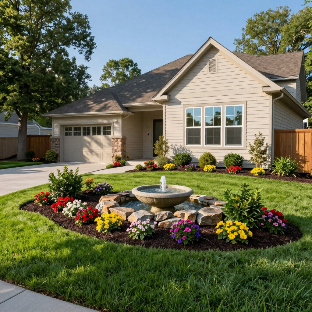 Suburban house with a front lawn, flower beds, and a stone fountain in the center garden