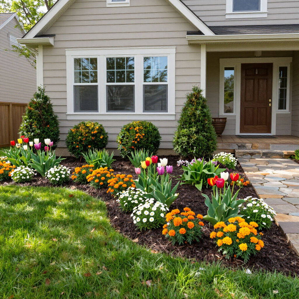 Front yard flower bed with colorful tulips and shrubs beside a beige house and front porch