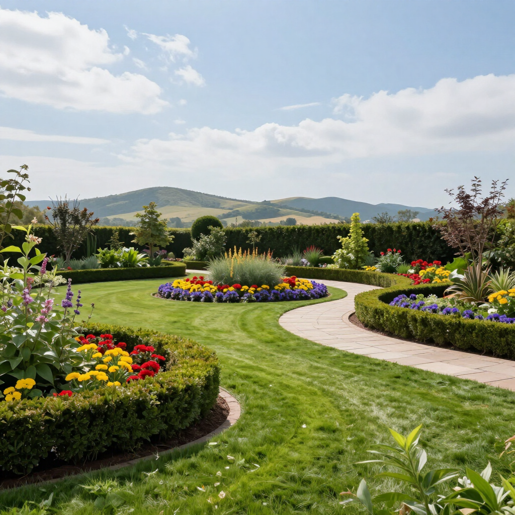 Curved garden paths around colorful flower beds under a bright sky, with hills in the distance