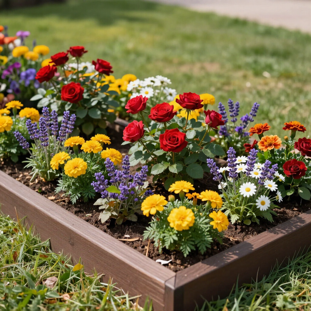 Raised flower bed with red, yellow, purple, and white blooms in a grassy garden
