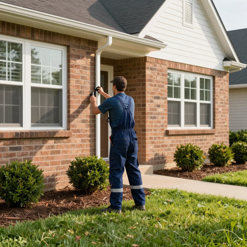 Technician inspecting exterior window of a brick house with a handheld tool