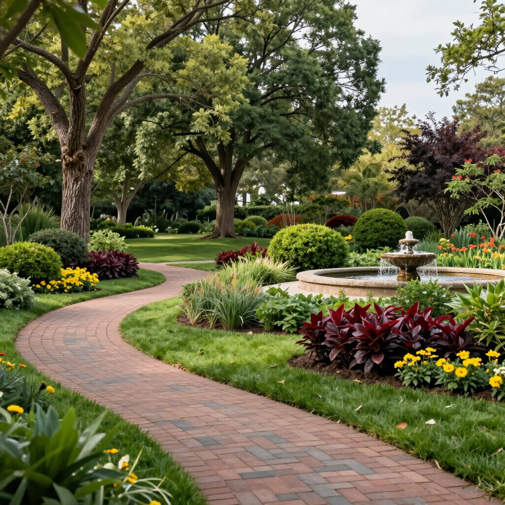 Curving brick path through a lush garden with colorful flowers, trees, and a stone fountain at center