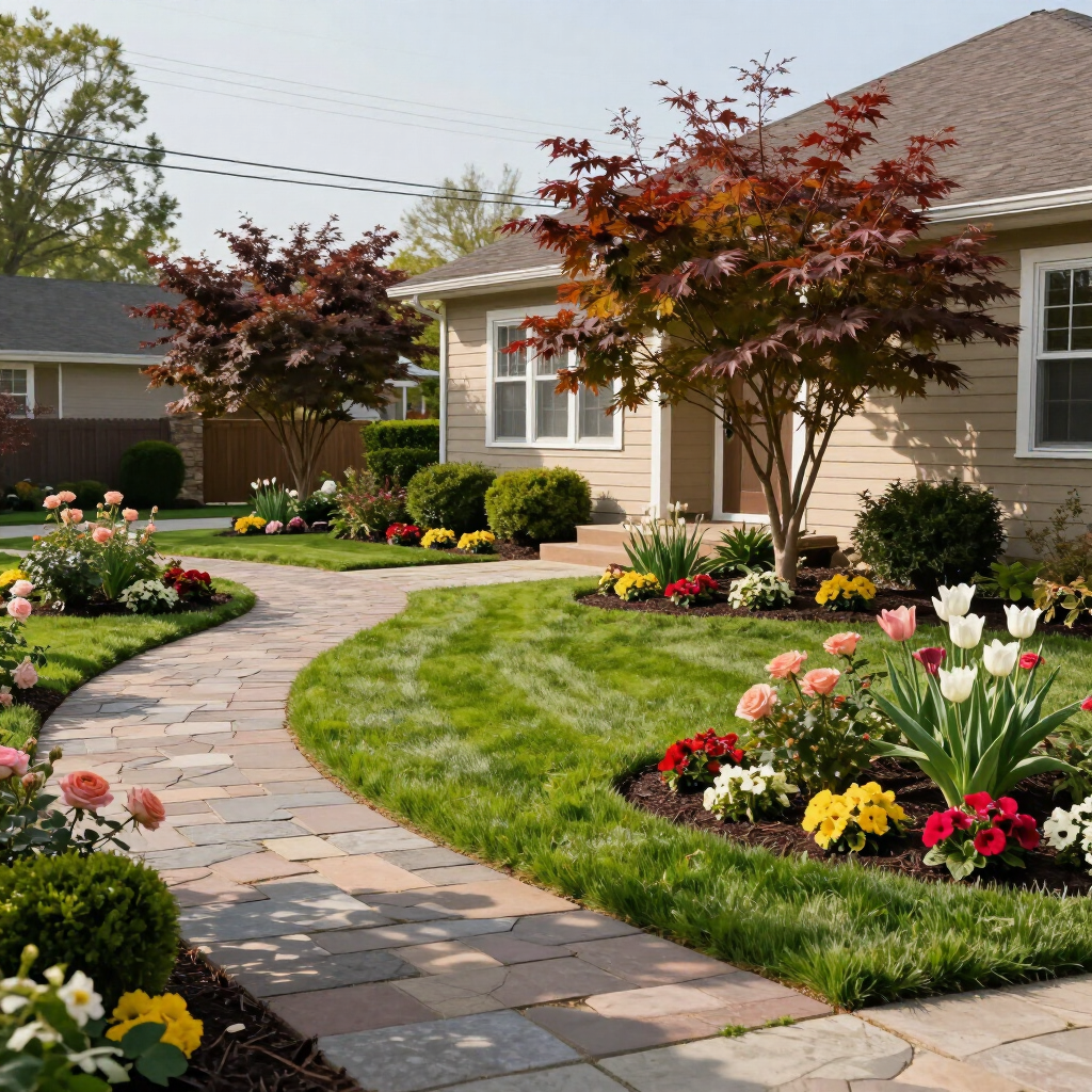 Curved stone walkway through a landscaped front yard with colorful flower beds and a beige house