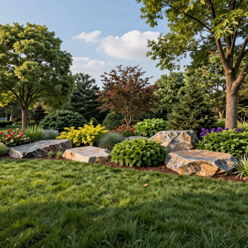 Landscaped garden with green lawn, stone border, flowering shrubs, and mature trees under a blue sky