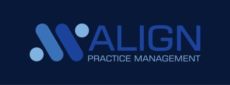 The logo for align practice management is blue and white on a dark blue background.