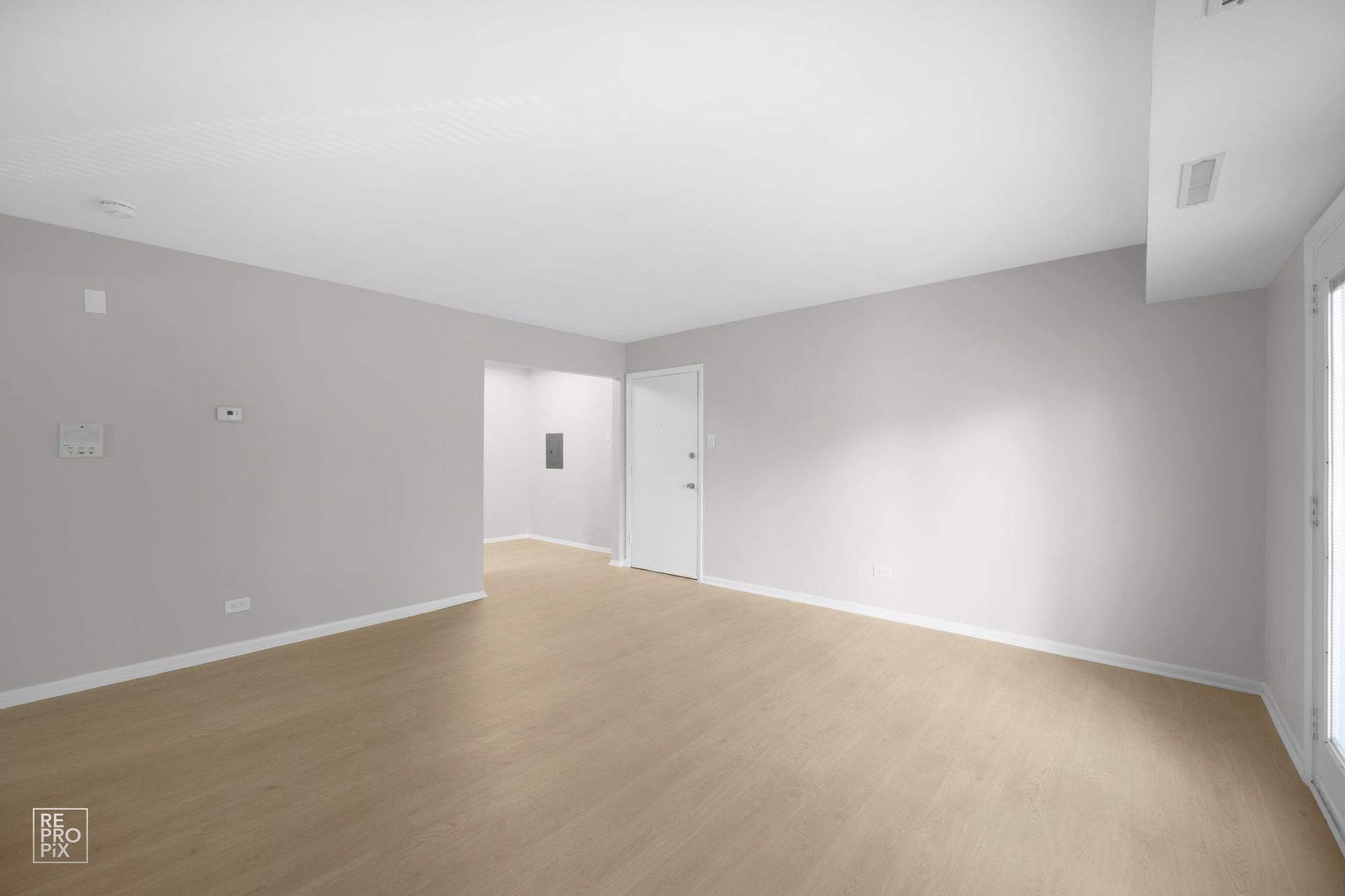 Empty room with light wood floor, gray walls, white ceiling, and a white door.