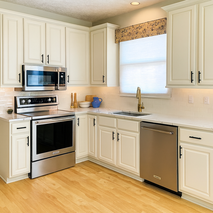 Kitchen cabinets refinished in light beige with black hardware by Bushnell Painters.