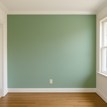 Freshly painted interior room with a sage green accent wall by Bushnell Painters