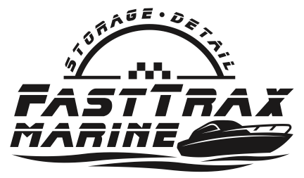 Logo for Fast Trax Marine. Features a boat, with the words "Fast Trax Marine" and storage and detailing services.