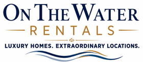 On The Water Rentals logo with brown houses, blue water, palm trees, and a yellow sun