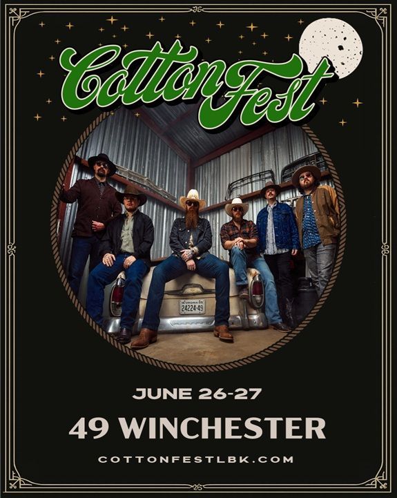 Cotton Fest poster: band 49 Winchester inside a gold star, event dates June 26-27 under the band, with festival name above.