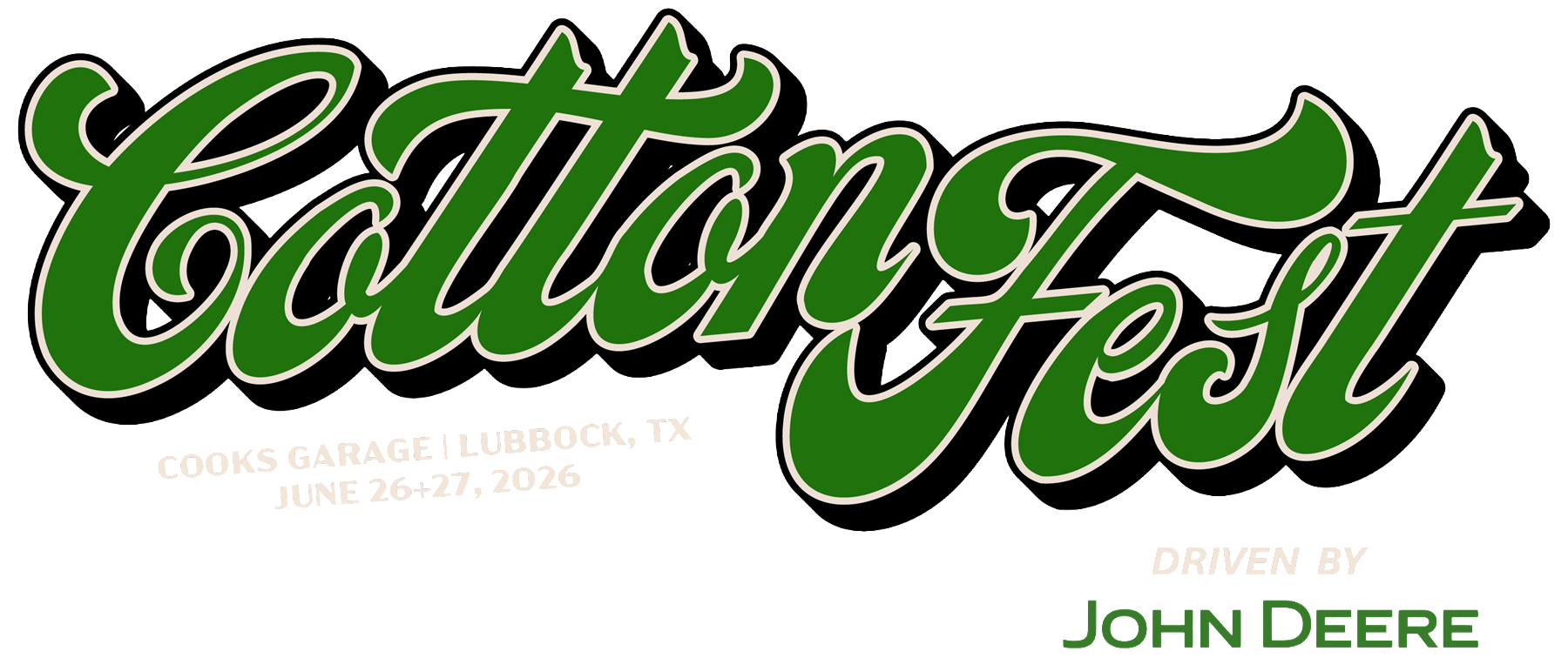 Cotton Fest logo in green with black shadow. 
