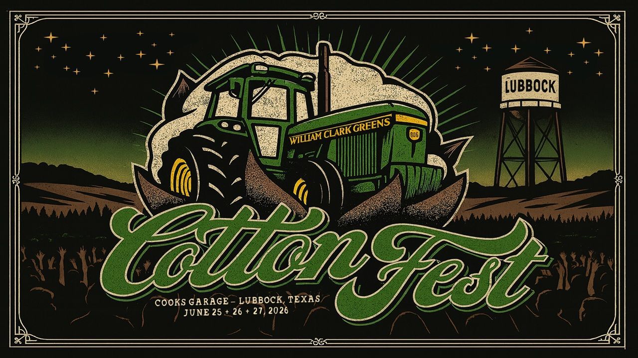 Cotton Fest festival poster: Green tractor in cotton field, Lubbock water tower, starry night.