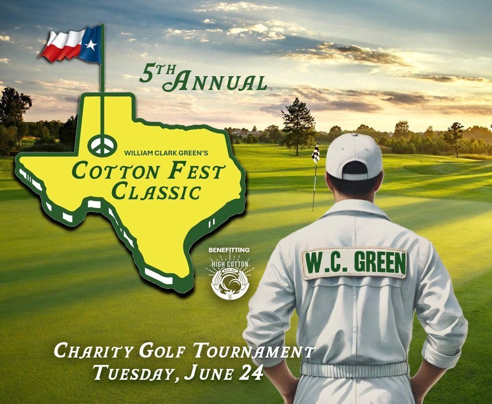 Poster for the 5th Annual Cotton Fest Classic charity golf tournament in Texas. A golfer in green is on the course.