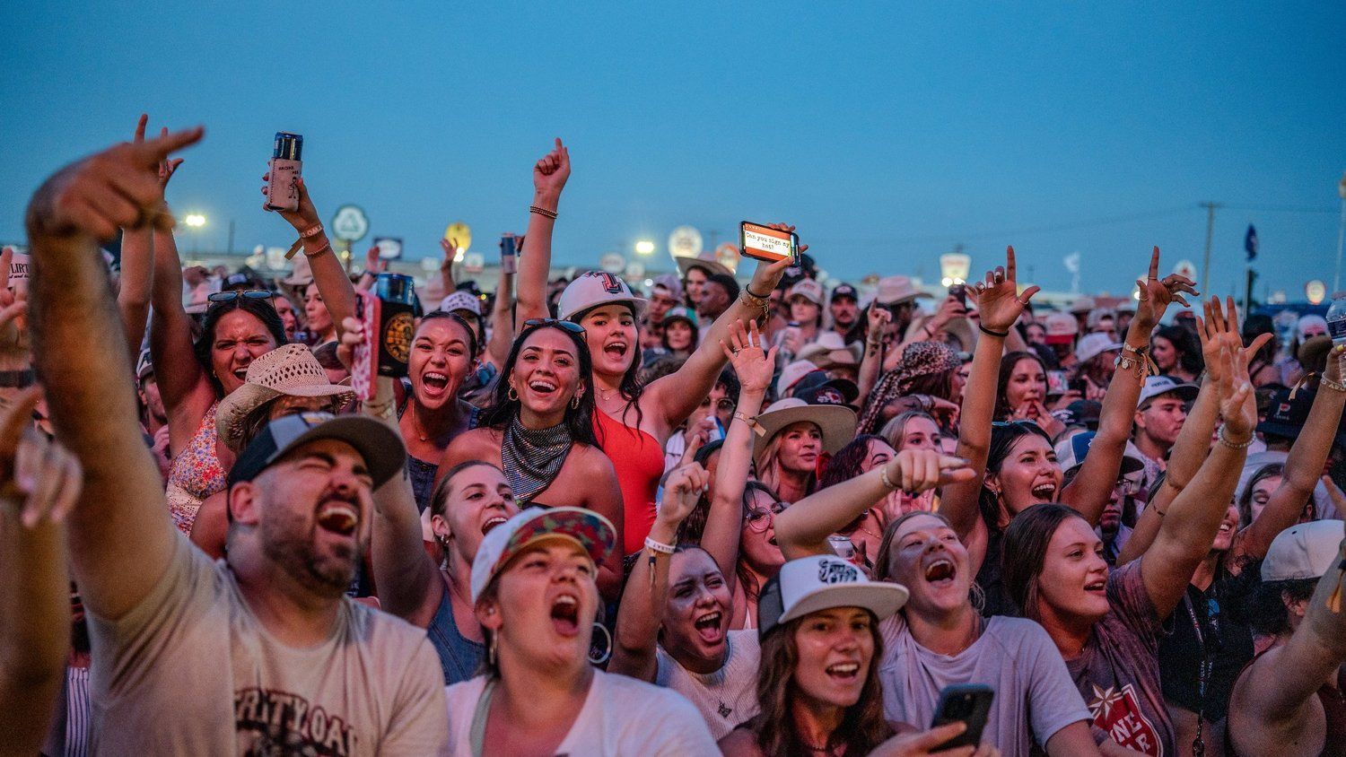 Crowd at outdoor concert; many people with arms raised, holding phones, excited expressions, evening sky.