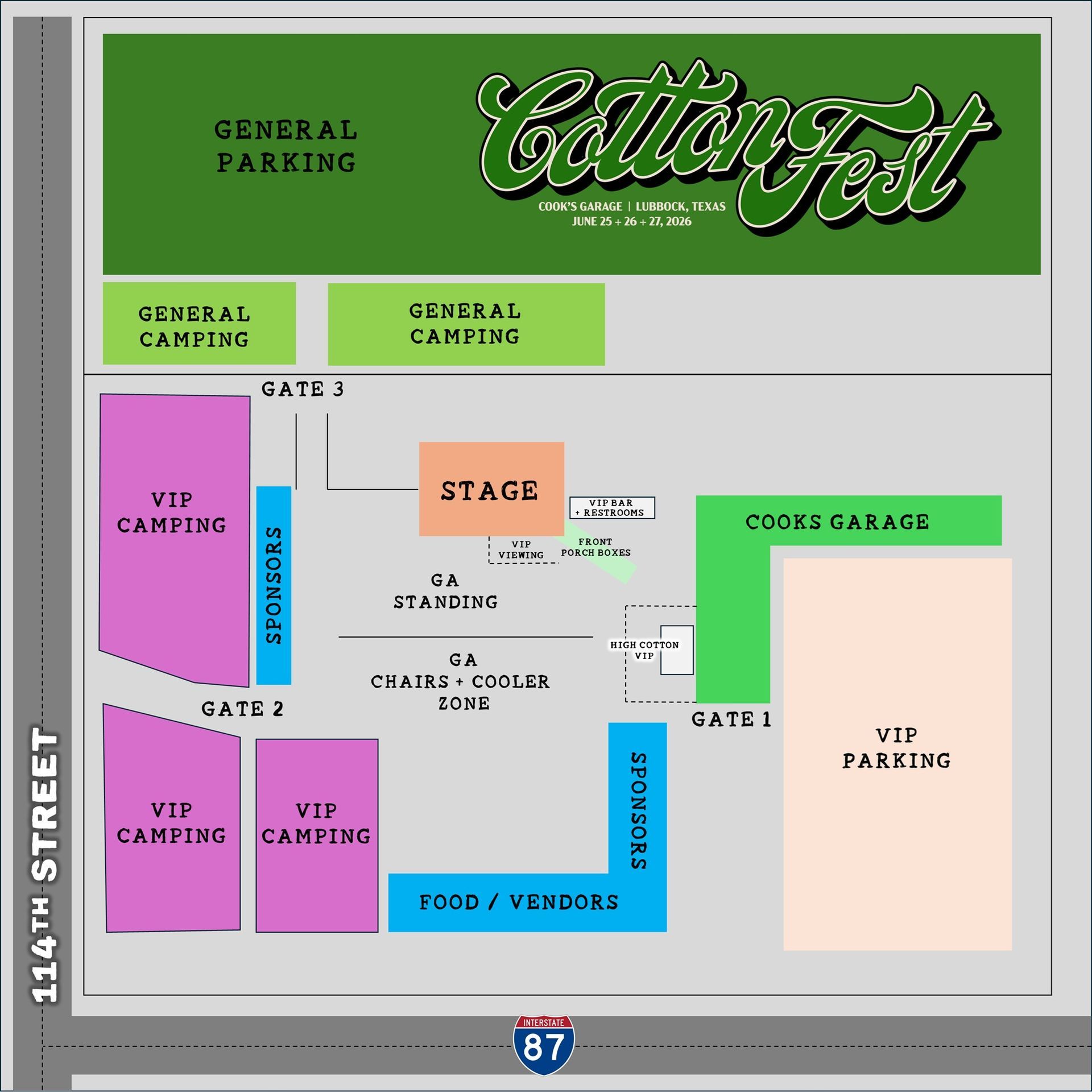 Map of Cotton Fest event layout, featuring stage, VIP and general admission areas, camping zones, food trucks, and Cook's Garage.