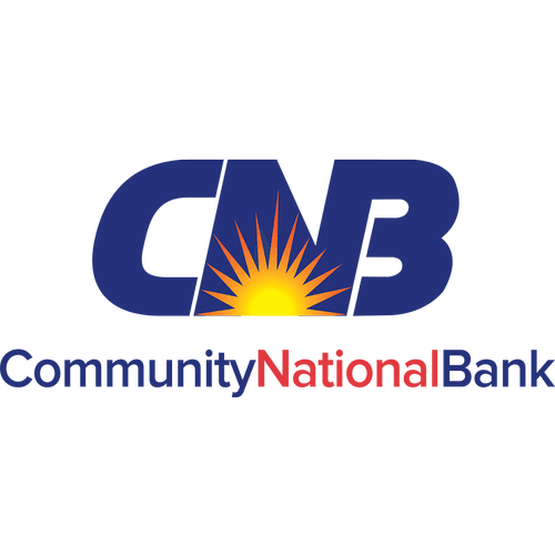 CNB Community National Bank logo with blue letters, a rising sun and text.