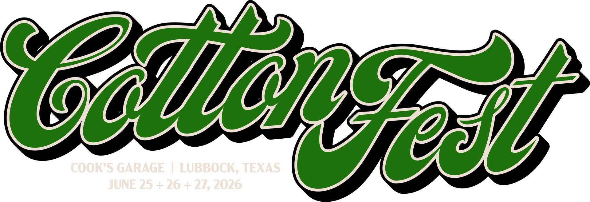 Cotton Fest logo in green with black shadow.