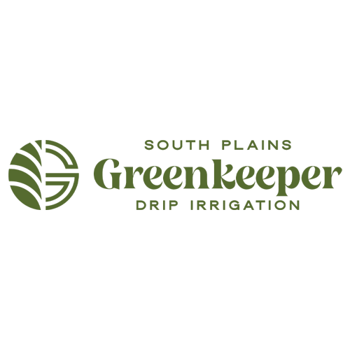 Logo for South Plains Greenkeeper Drip Irrigation. Green text on white background with a leaf symbol.