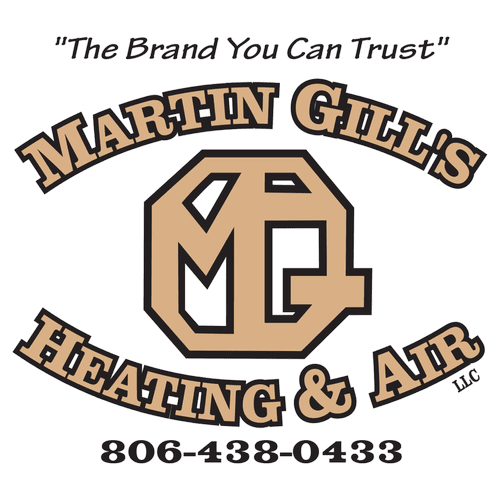 Martin Gill's Heating & Air logo. Includes text, phone number, and initials MC. Brown and white color scheme.
