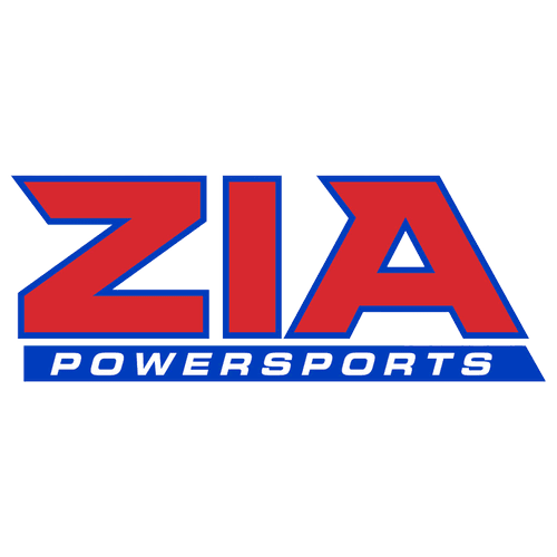Logo for ZIA PowerSports: Red and blue text with stylized 