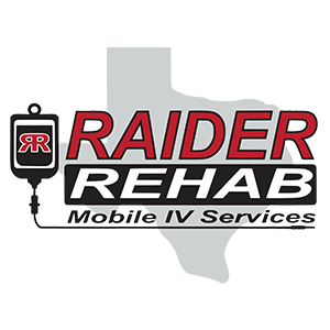 Logo for Raider Rehab Mobile IV Services; includes IV bag graphic, Texas outline, and red/black text.