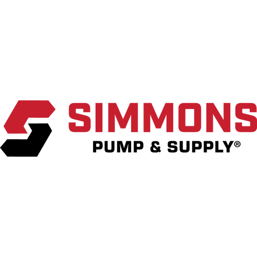Logo of Simmons Pump & Supply: Red and black geometric shape with the name and business type in red text.