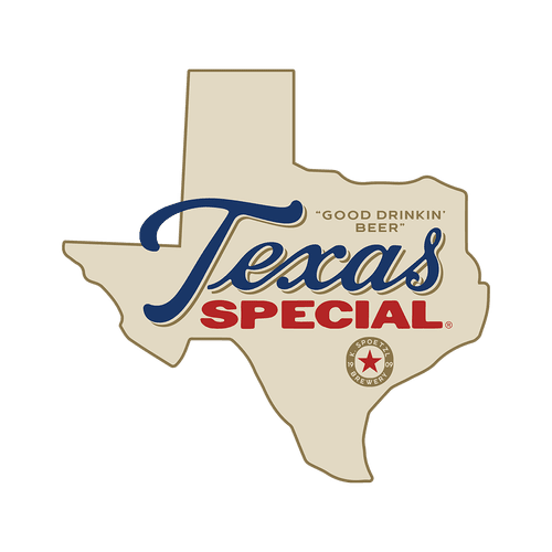 Logo for Texas Special beer, featuring the shape of Texas in beige with navy and red text.