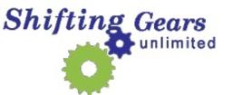 Logo for Shifting Gears Unlimited, blue text, green and blue gears.